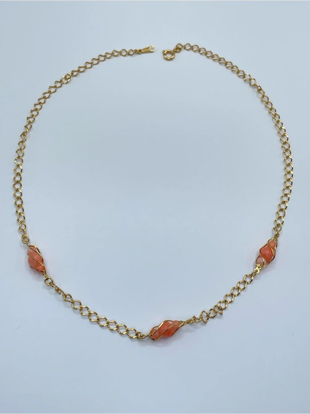 Avon Coral Red Glass Beaded Necklace Vintage Wire Wrapped Station Chain Necklace